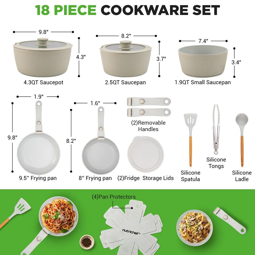 18-Piece Stylish Kitchen Cookware Set - Ceramic Nonstick Pots & Pans With Detachable Handles (Green) - Image 8