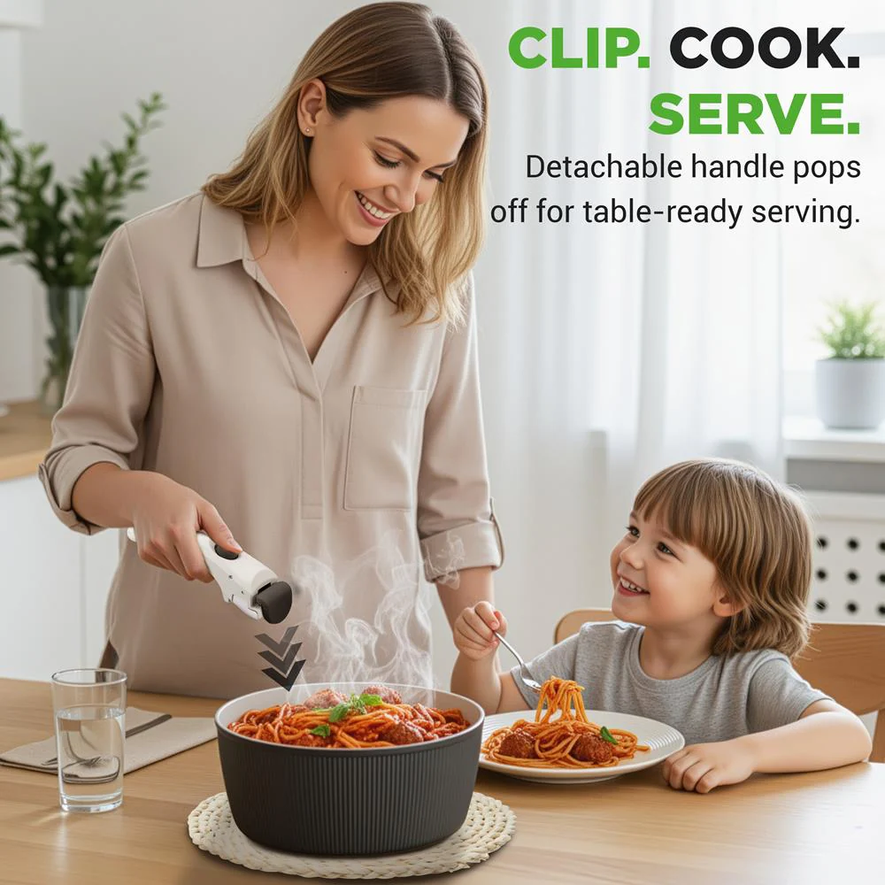 18-Piece Stylish Kitchen Cookware Set - Ceramic Nonstick Pots & Pans With Detachable Handles (Gray) - Image 3