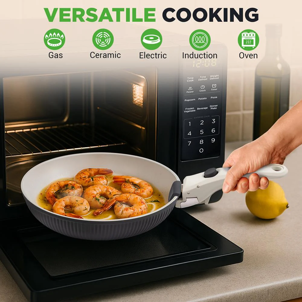 18-Piece Stylish Kitchen Cookware Set - Ceramic Nonstick Pots & Pans With Detachable Handles (Gray) - Image 4