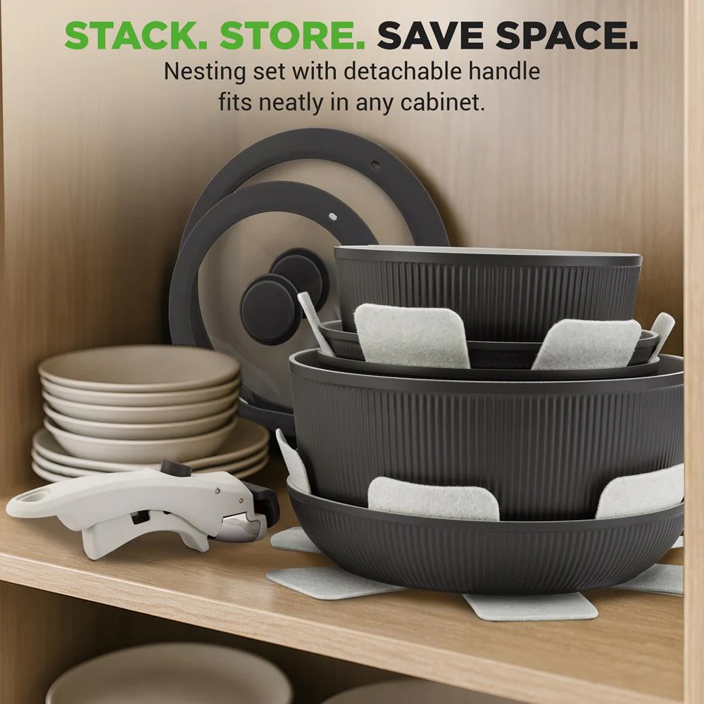 18-Piece Stylish Kitchen Cookware Set - Ceramic Nonstick Pots & Pans With Detachable Handles (Gray) - Image 6