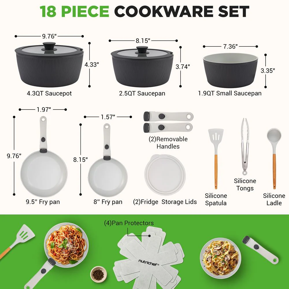 18-Piece Stylish Kitchen Cookware Set - Ceramic Nonstick Pots & Pans With Detachable Handles (Gray) - Image 8