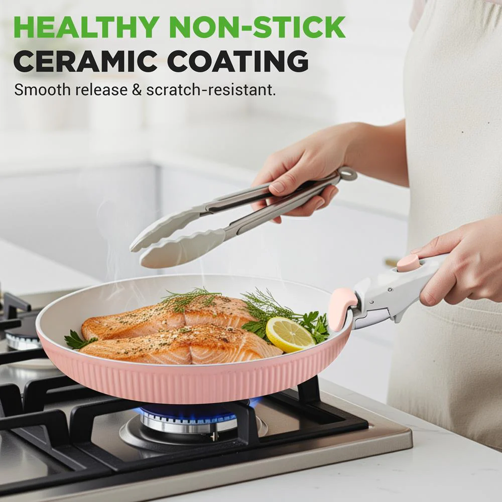 18-Piece Stylish Kitchen Cookware Set - Ceramic Nonstick Pots & Pans With Detachable Handles (Pink) - Image 2