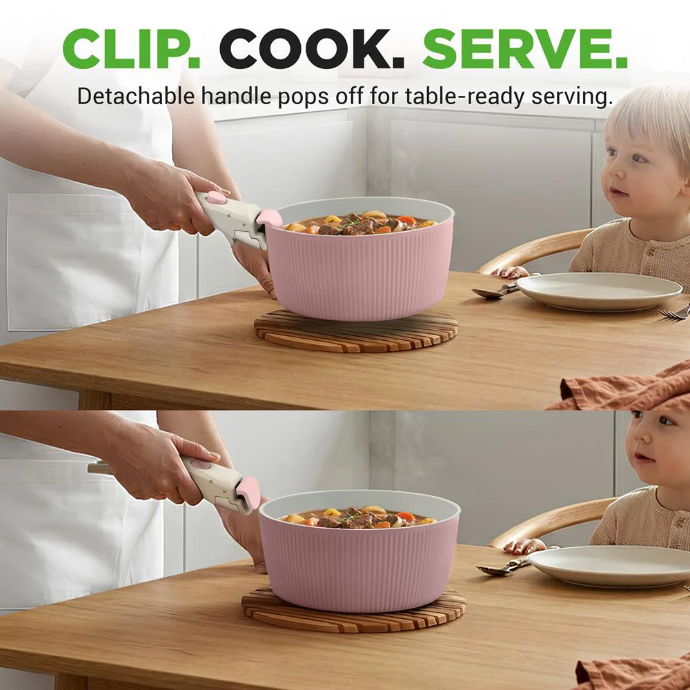 18-Piece Stylish Kitchen Cookware Set - Ceramic Nonstick Pots & Pans With Detachable Handles (Pink) - Image 3