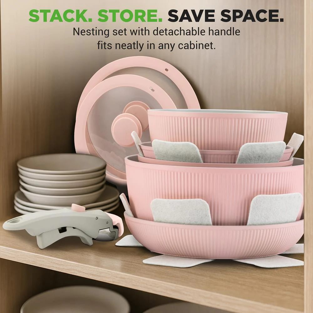 18-Piece Stylish Kitchen Cookware Set - Ceramic Nonstick Pots & Pans With Detachable Handles (Pink) - Image 6