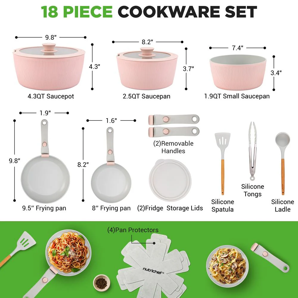 18-Piece Stylish Kitchen Cookware Set - Ceramic Nonstick Pots & Pans With Detachable Handles (Pink) - Image 8