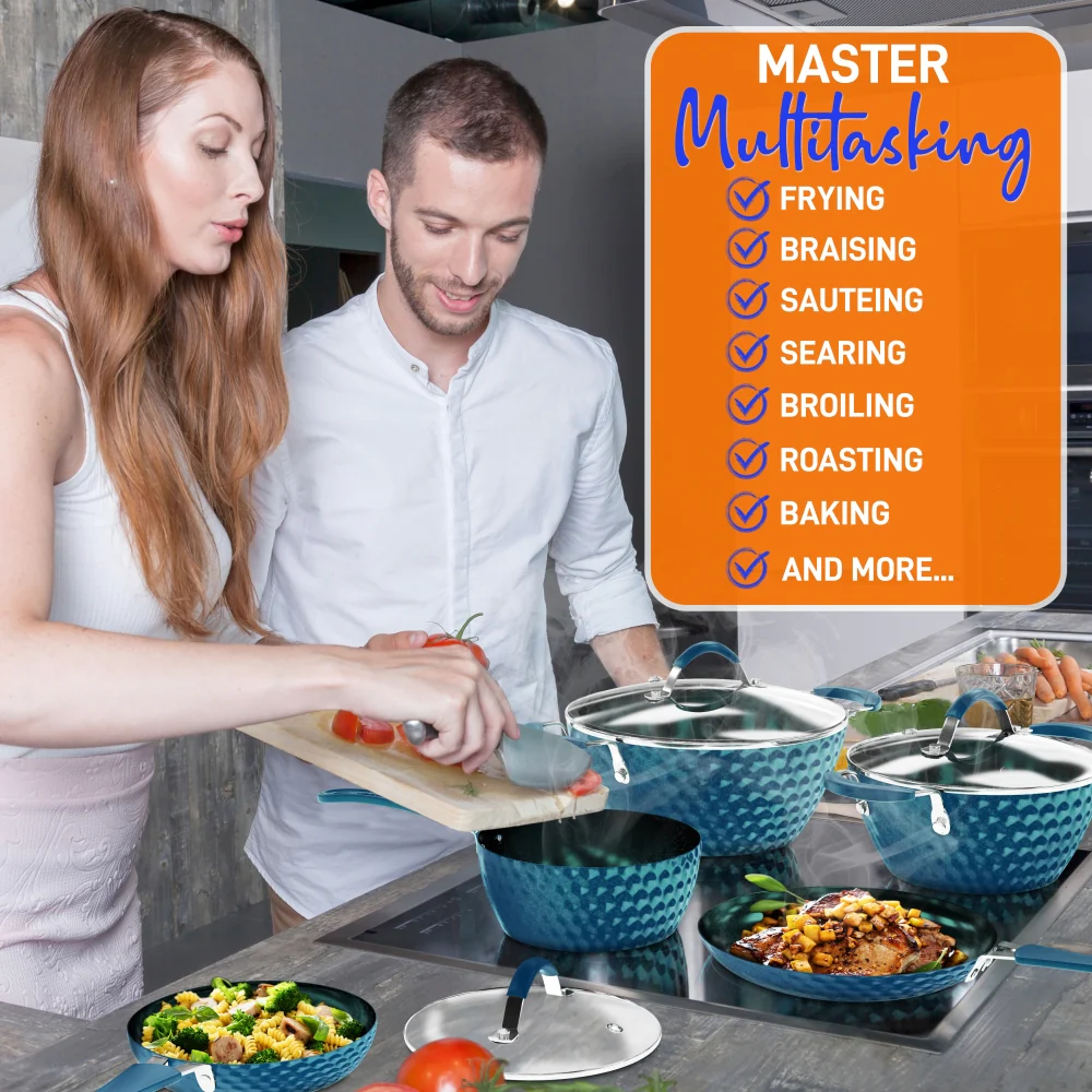 11 Pc Non-Stick Cookware Set, Even Heat Ceramic Coating, Royal Blue - Image 4