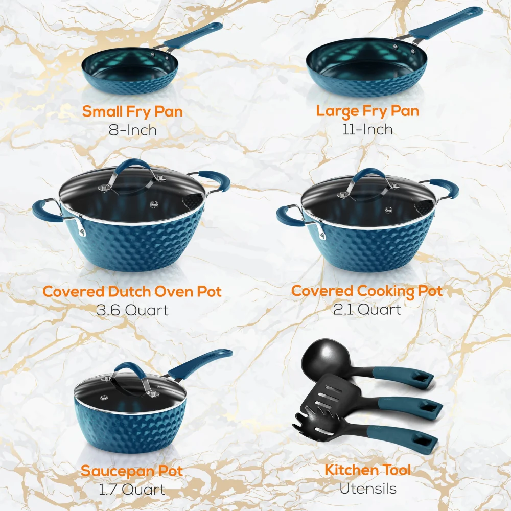 11 Pc Non-Stick Cookware Set, Even Heat Ceramic Coating, Royal Blue - Image 7
