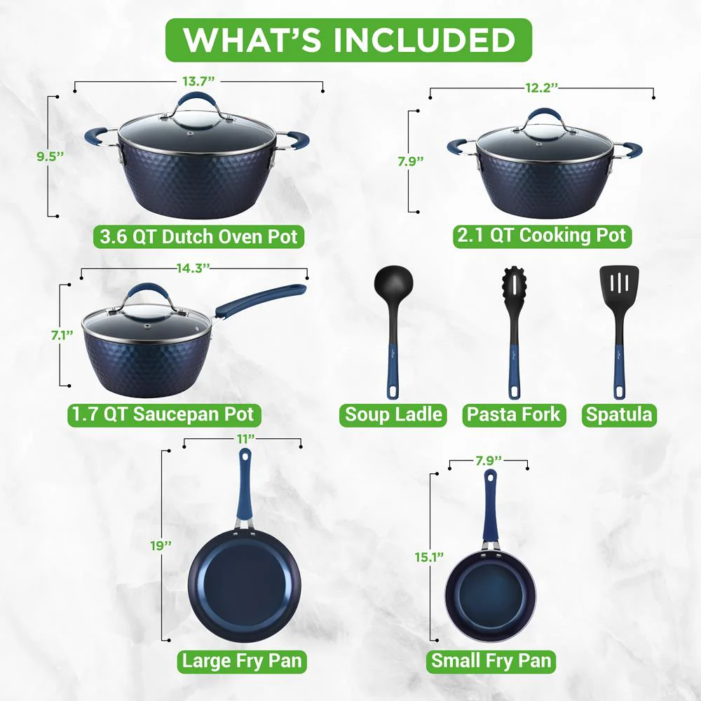 11 Pc Nonstick Cookware Set - Even Heat Ceramic Coating, Blue - Image 3