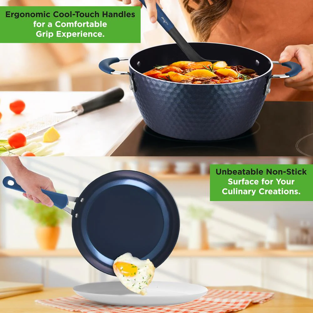 11 Pc Nonstick Cookware Set - Even Heat Ceramic Coating, Blue - Image 4