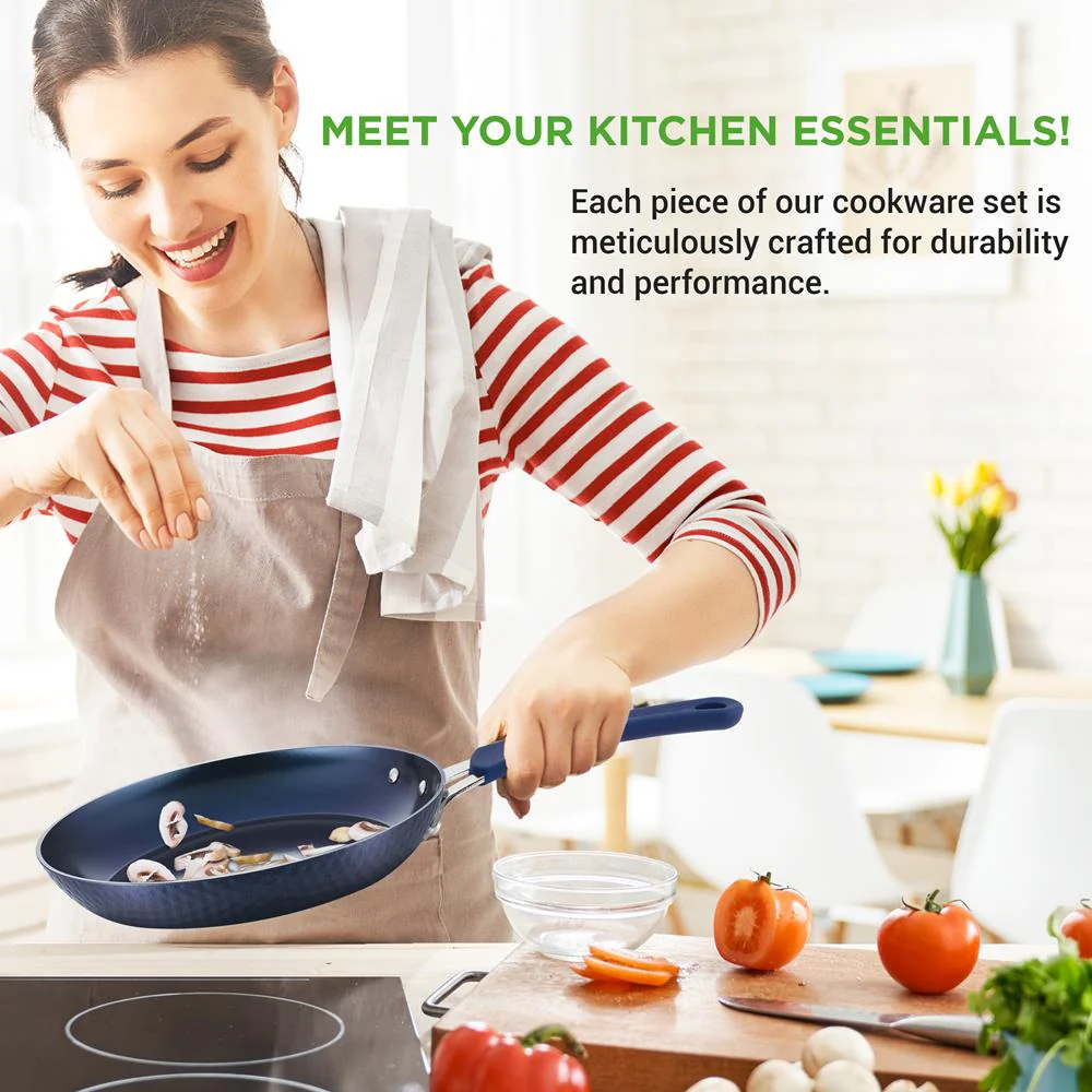 11 Pc Nonstick Cookware Set - Even Heat Ceramic Coating, Blue - Image 6