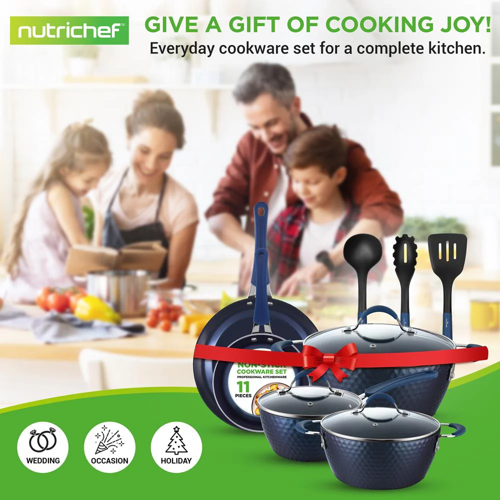 11 Pc Nonstick Cookware Set - Even Heat Ceramic Coating, Blue - Image 7
