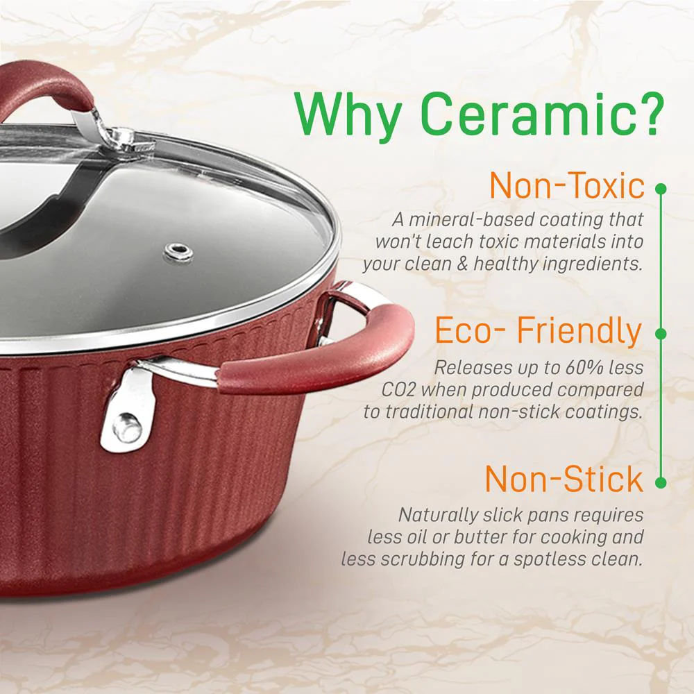11-Piece Non-Stick Cookware Set, Even Heat, Ceramic Coating, Red - Image 4