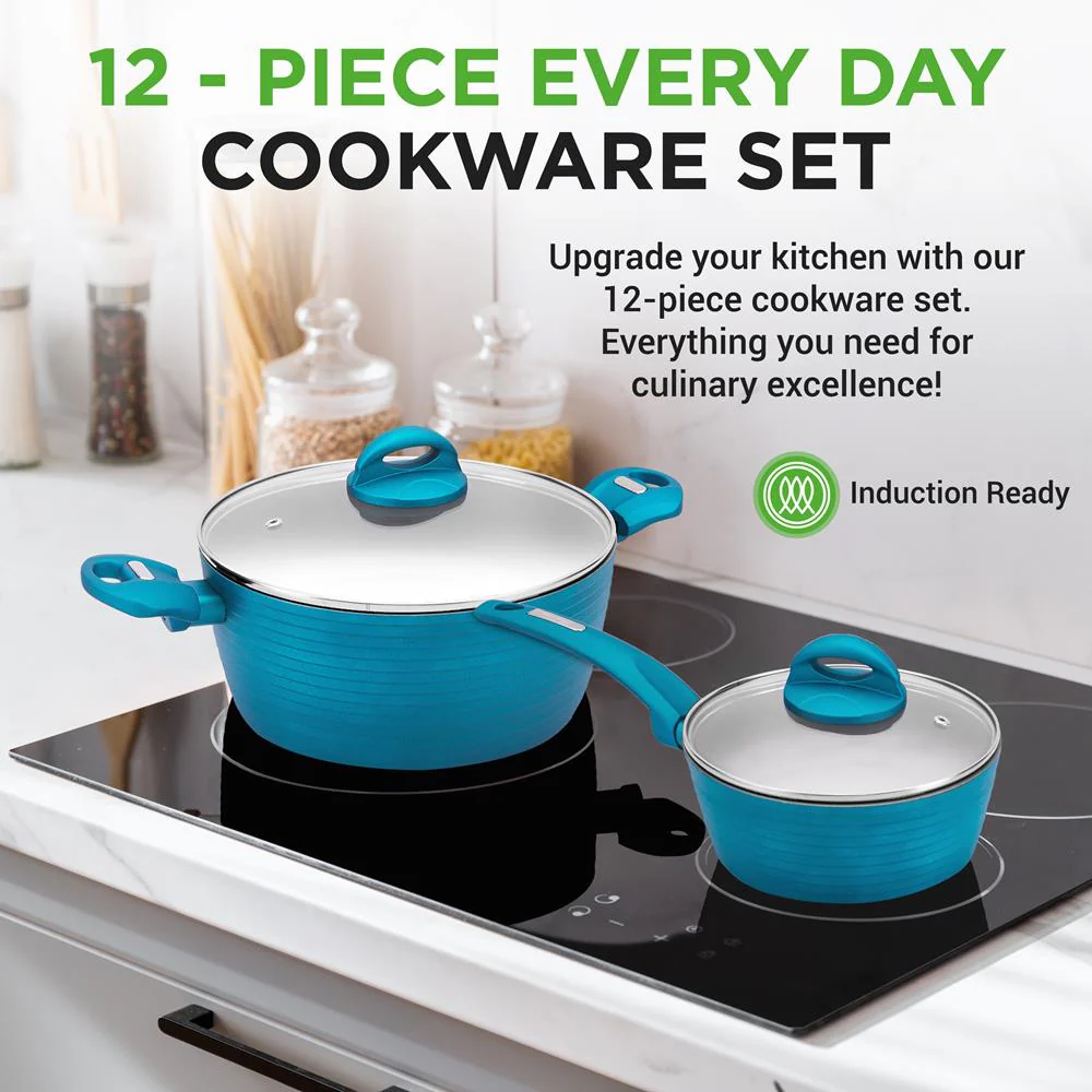 12-Piece Nonstick Cookware Set - Even Heat, Durable Coating, Green - Image 2
