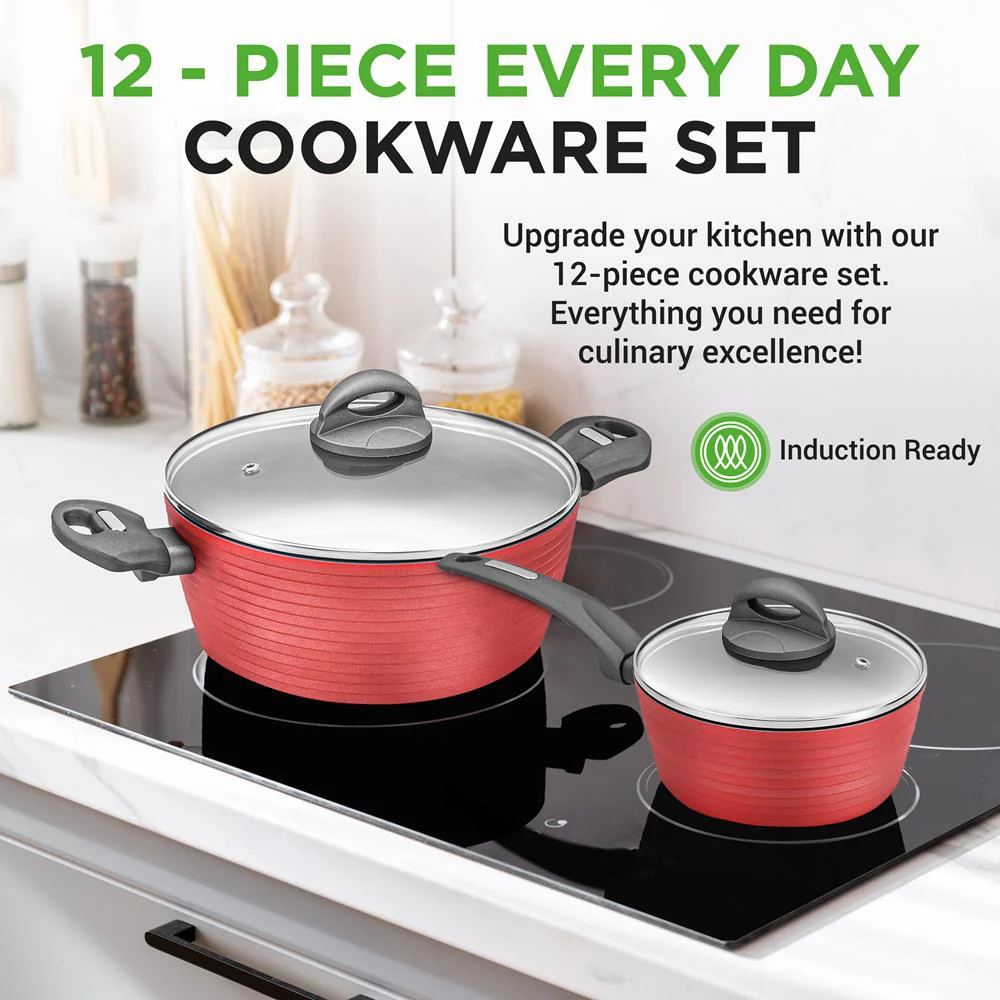 12-Piece Nonstick Cookware Set, Even Heat, Red, PFOA/PFOS-Free - Image 2