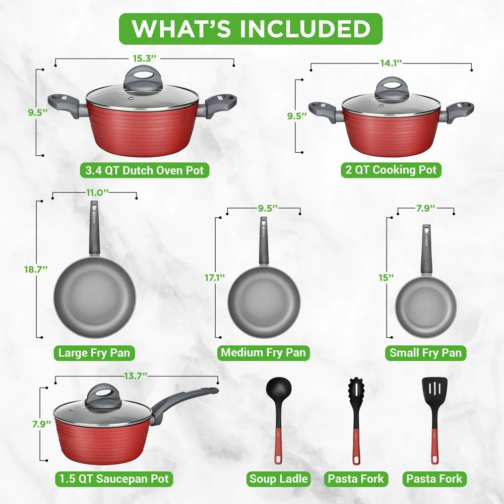 12-Piece Nonstick Cookware Set, Even Heat, Red, PFOA/PFOS-Free - Image 3