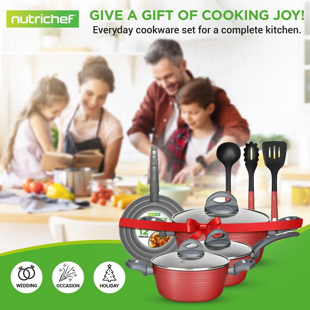 12-Piece Nonstick Cookware Set, Even Heat, Red, PFOA/PFOS-Free - Image 7