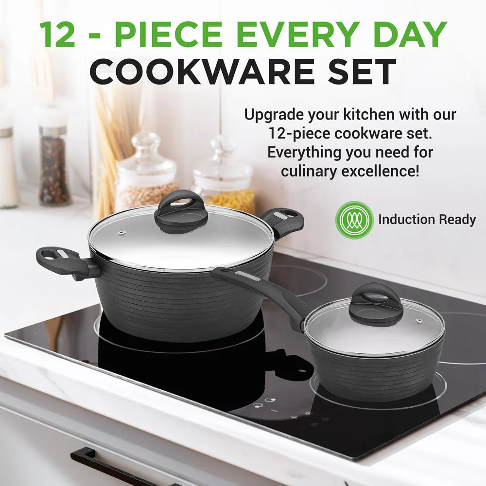 Kitchenware Pots & Pans - Stylish Kitchen Cookware Set With Stylish Metallic Ridge-Line Pattern, Non-Stick (12-Piece Set) - Image 2