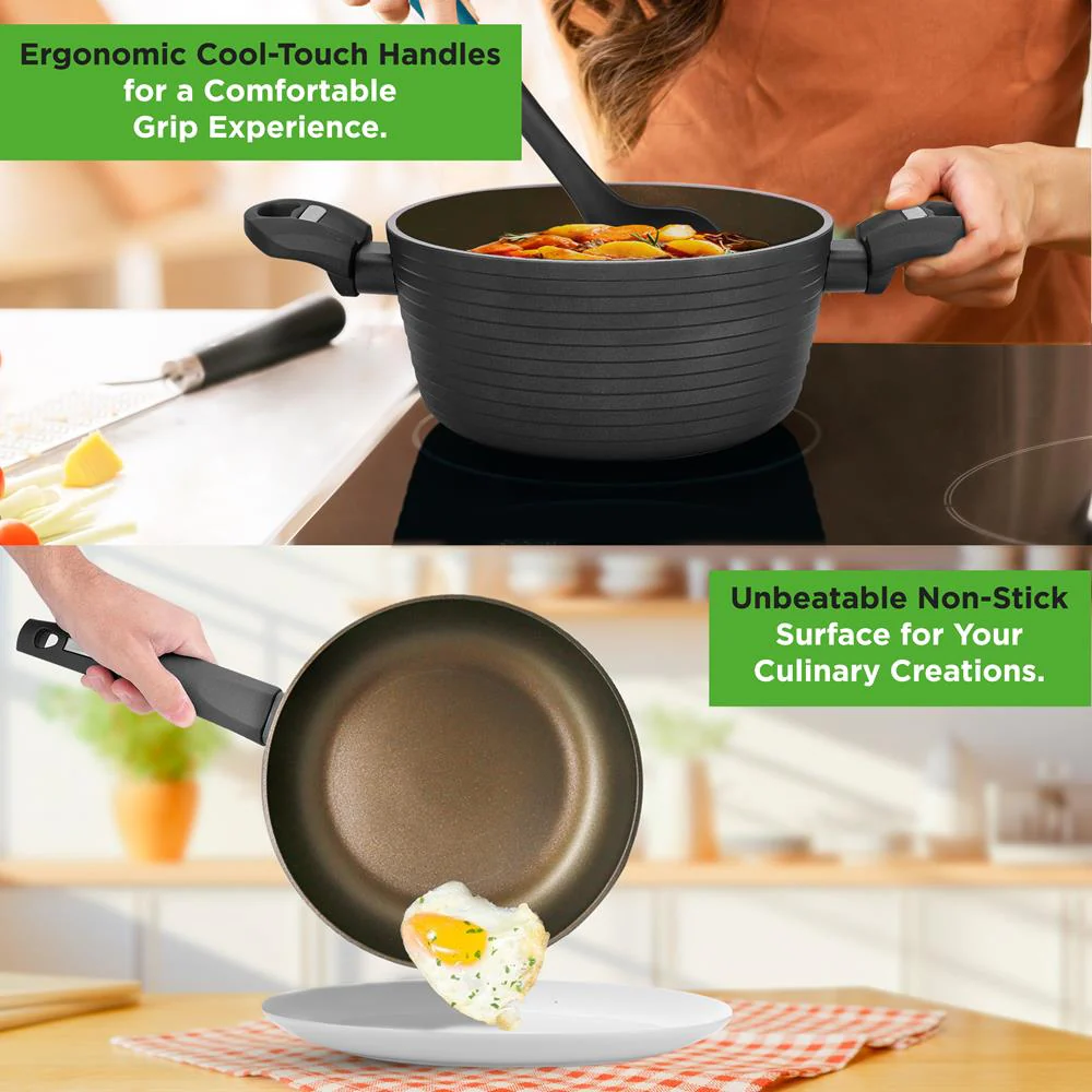Kitchenware Pots & Pans - Stylish Kitchen Cookware Set With Stylish Metallic Ridge-Line Pattern, Non-Stick (12-Piece Set) - Image 4