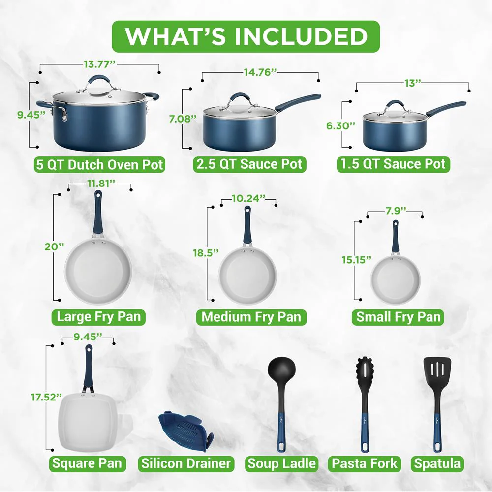 14-Piece Cookware Set - Even Heat Non-Stick Coating, Navy Blue - Image 3