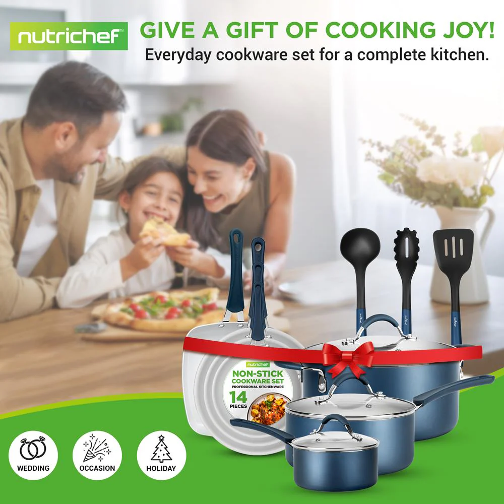14-Piece Cookware Set - Even Heat Non-Stick Coating, Navy Blue - Image 7