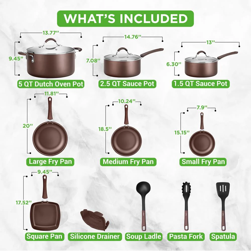 14-Piece Nonstick Cookware Set - Even Heat, Scratch-Resistant, Brown - Image 3