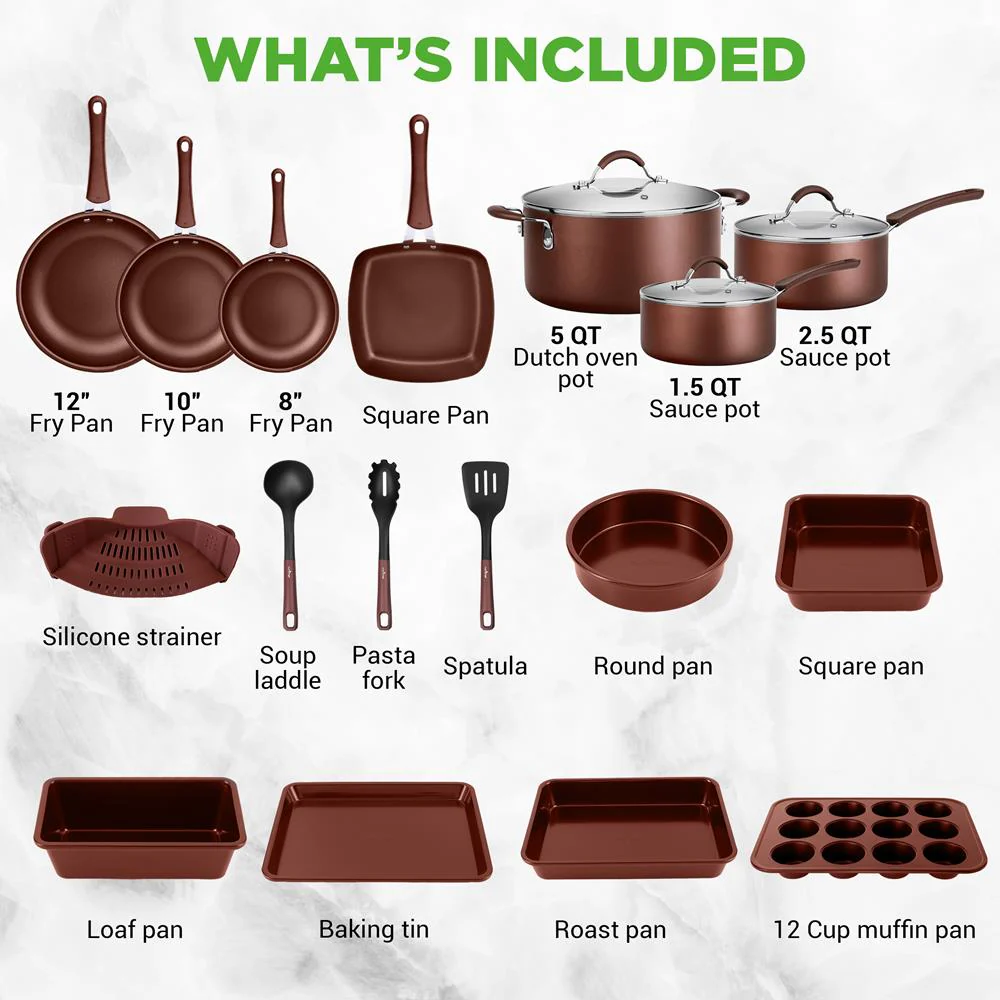 20-Piece Non-Stick Cookware Set, Even Heat, Cool-Touch Handles, Brown - Image 6