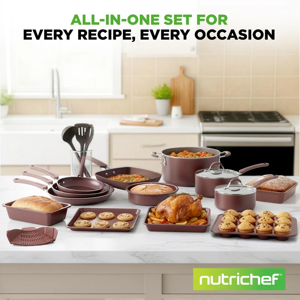 20-Piece Non-Stick Cookware Set, Even Heat, Cool-Touch Handles, Brown - Image 7
