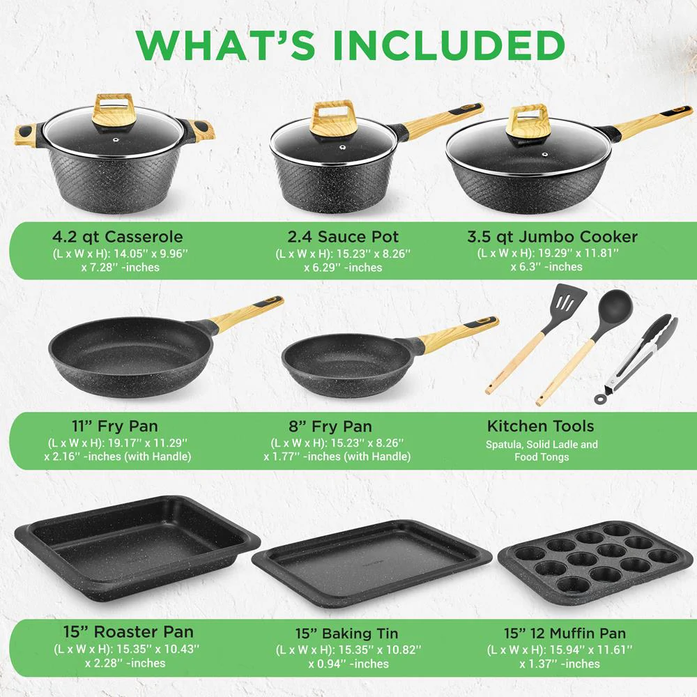 22-Piece Non-Stick Cookware Set, Even Heat, Marble Coating, Black - Image 3