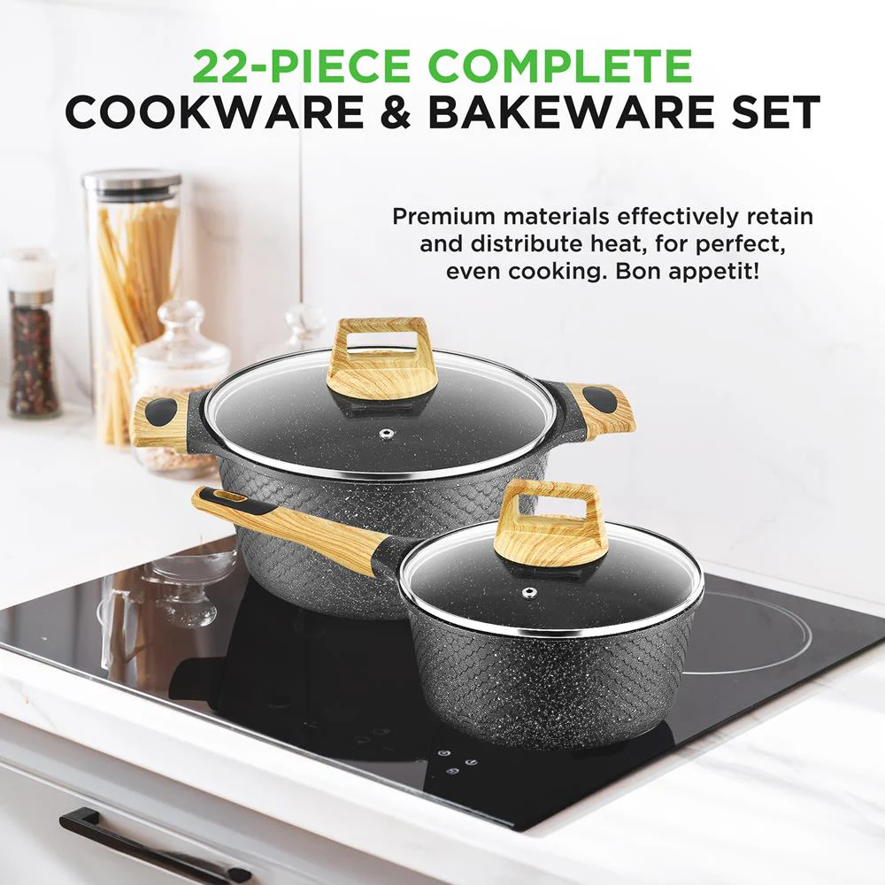 22-Piece Non-Stick Cookware Set, Even Heat, Marble Coating, Black - Image 2