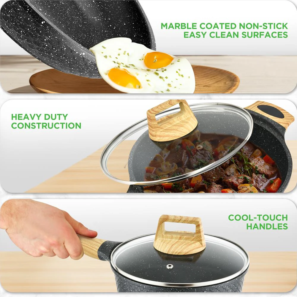 22-Piece Non-Stick Cookware Set, Even Heat, Marble Coating, Black - Image 5