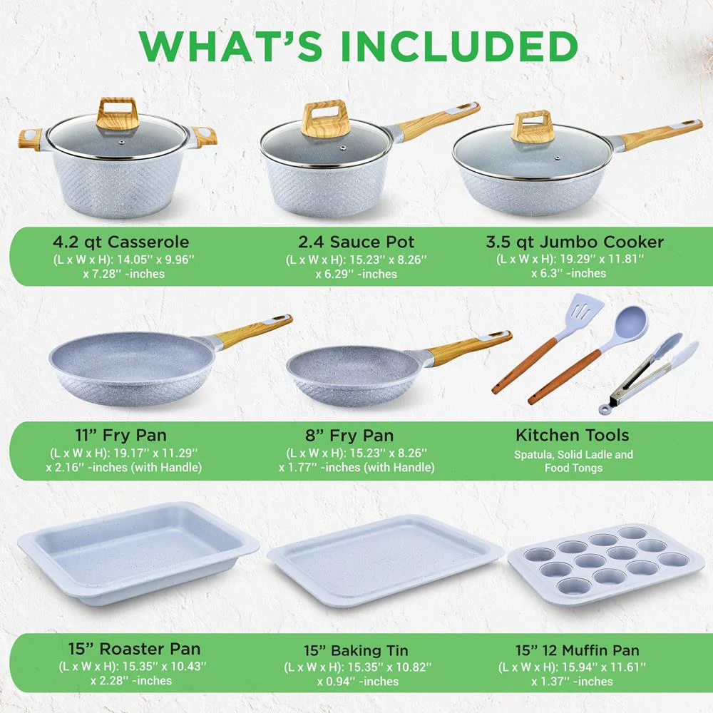 22-Piece Cookware Set, Non-Stick Marble Coating, Moon Grey - Image 3