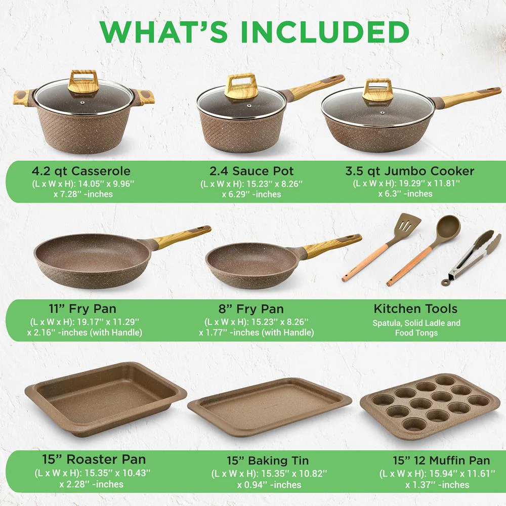 22-Piece Non-Stick Cookware Set, Even Heat, Marble Coating, Maroon - Image 3