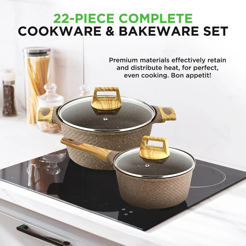 22-Piece Non-Stick Cookware Set, Even Heat, Marble Coating, Maroon - Image 2
