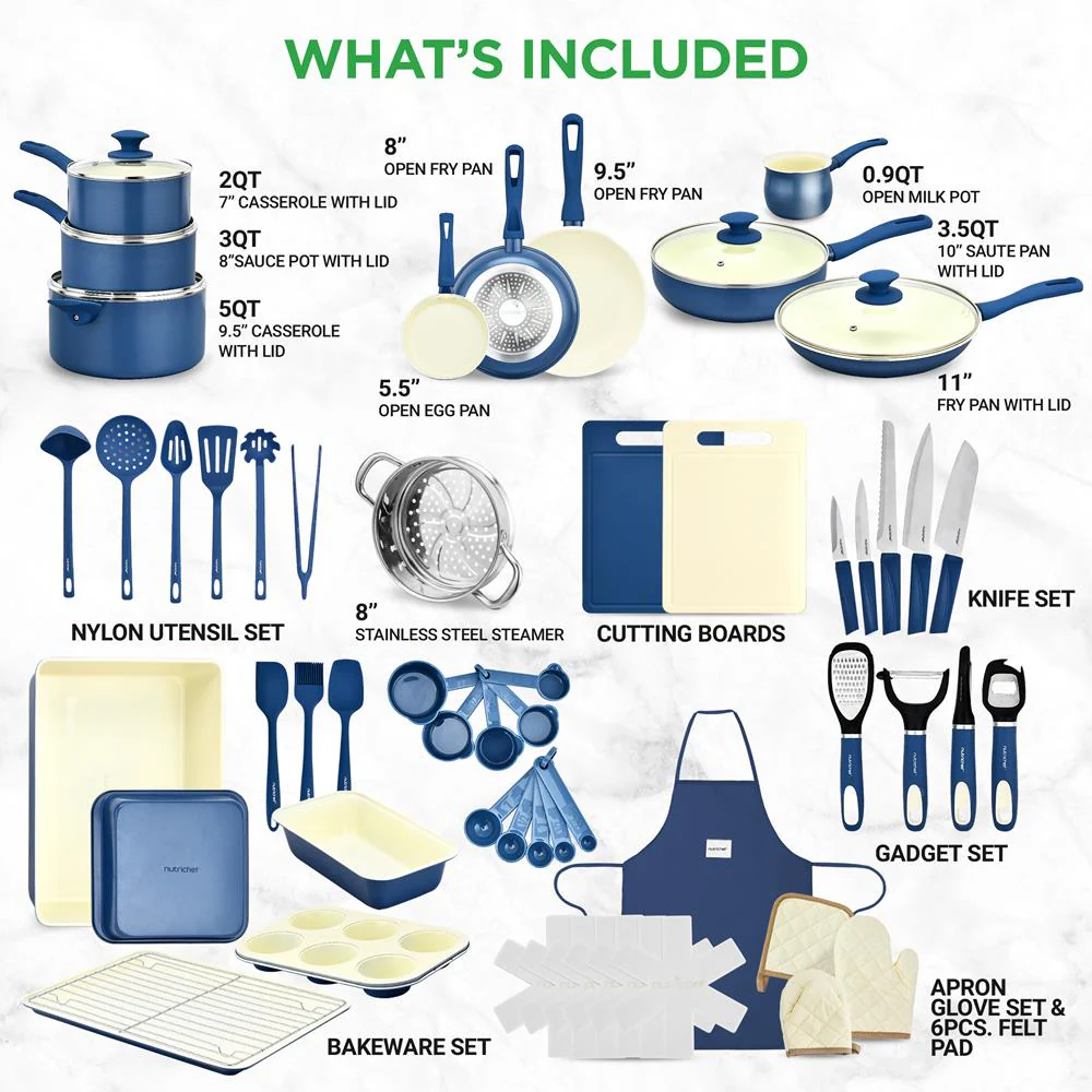 54-Piece Cookware Set, Even Heat Ceramic Non-Stick, Blue Gray - Image 2