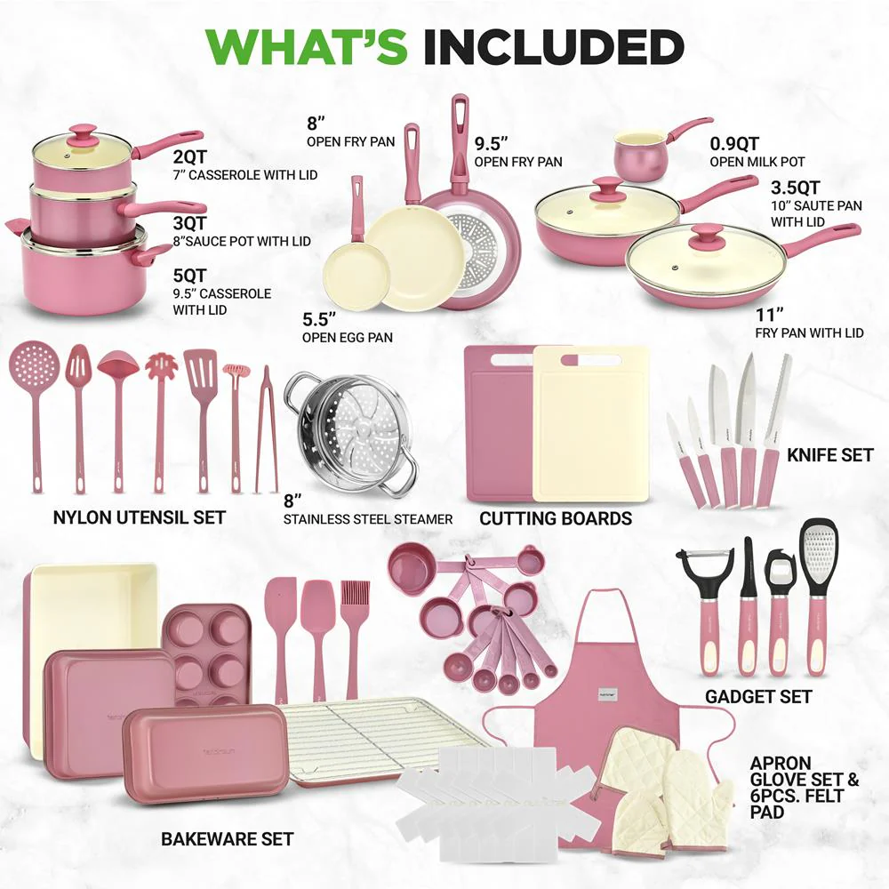 54-Piece Non-Stick Cookware Set, Even Heat Ceramic, Blush Pink - Image 2