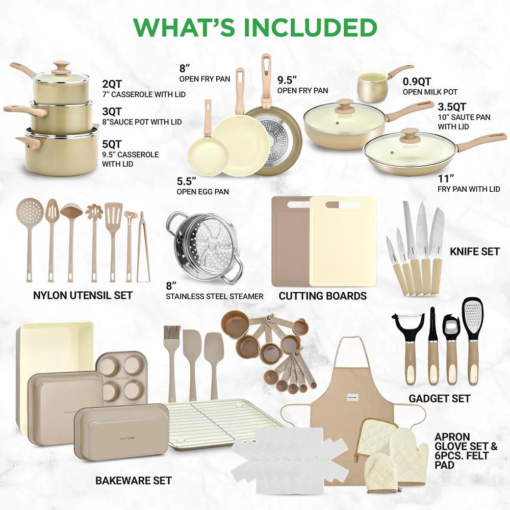 54-Piece Non-Stick Cookware Set, Even Heat Ceramic Coating, Taupe Brown - Image 2