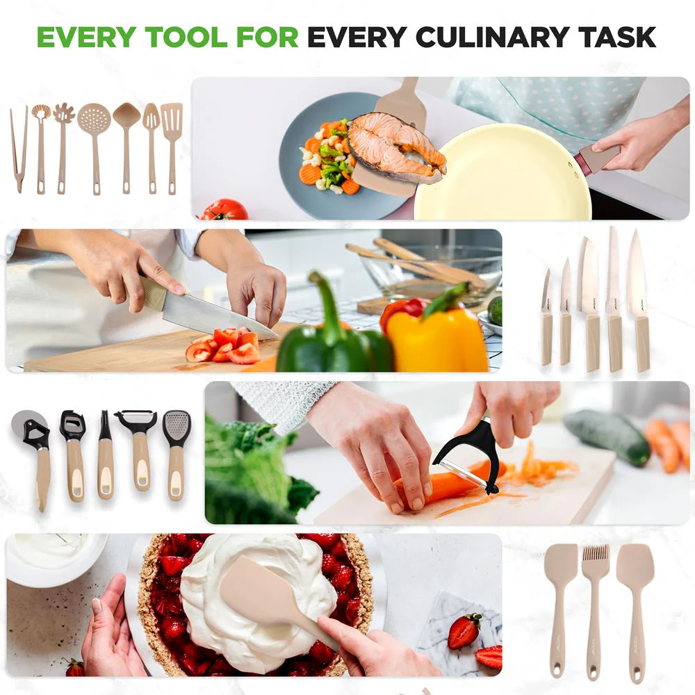 75-Piece Non-Stick Cookware Set, Ceramic Coating, Cream/Brown - Image 10