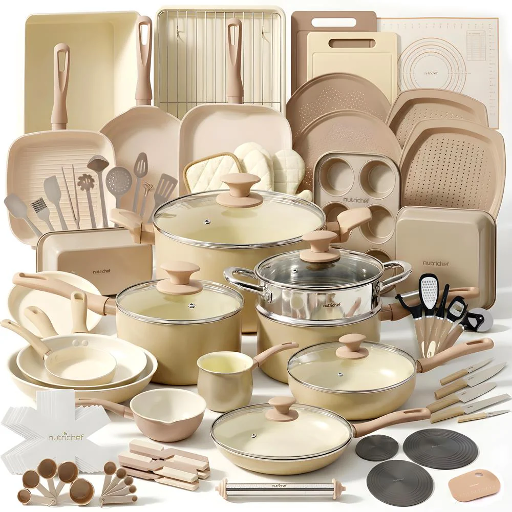 75-Piece Non-Stick Cookware Set, Ceramic Coating, Cream/Brown - Image 2