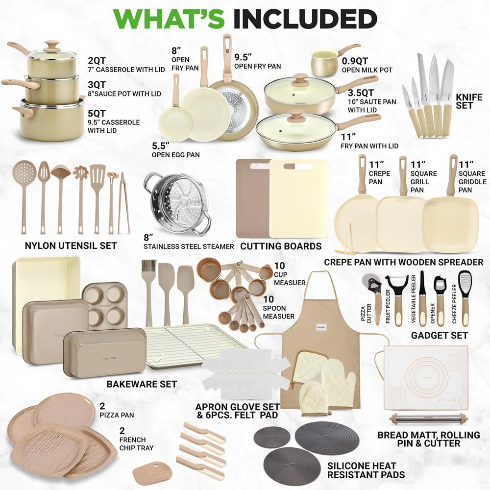 75-Piece Non-Stick Cookware Set, Ceramic Coating, Cream/Brown - Image 3