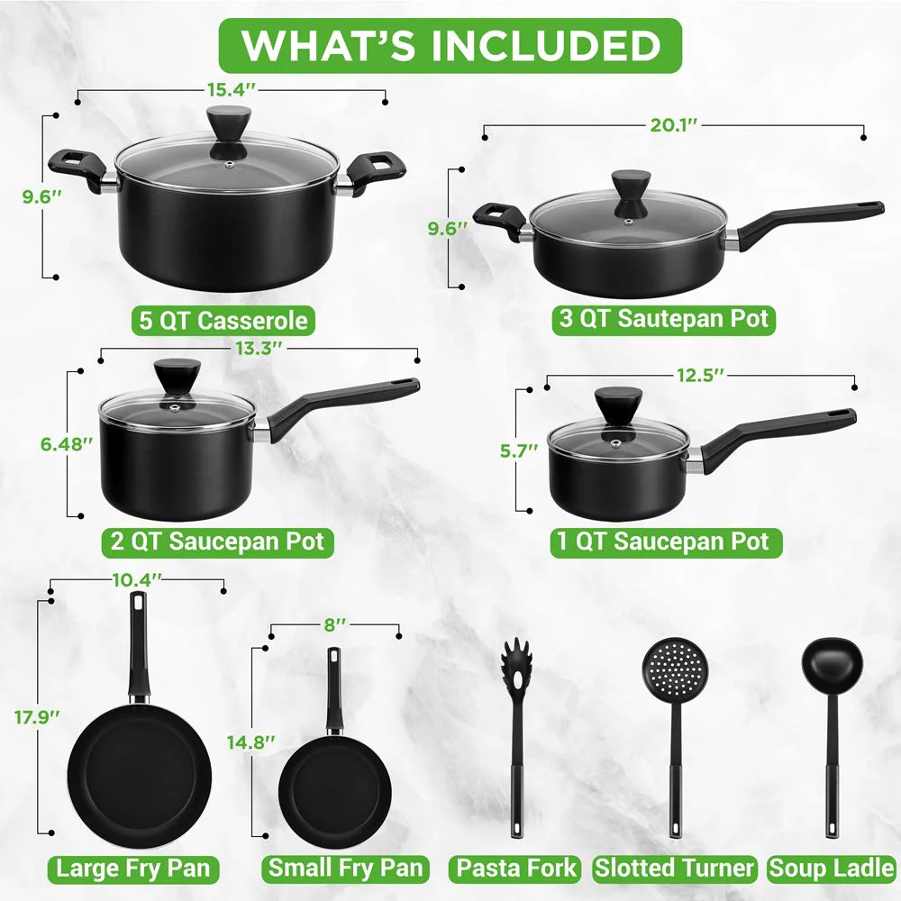 13-Piece Nonstick Cookware Set - Even Heat, Durable Coating, Glass Lids - Image 3