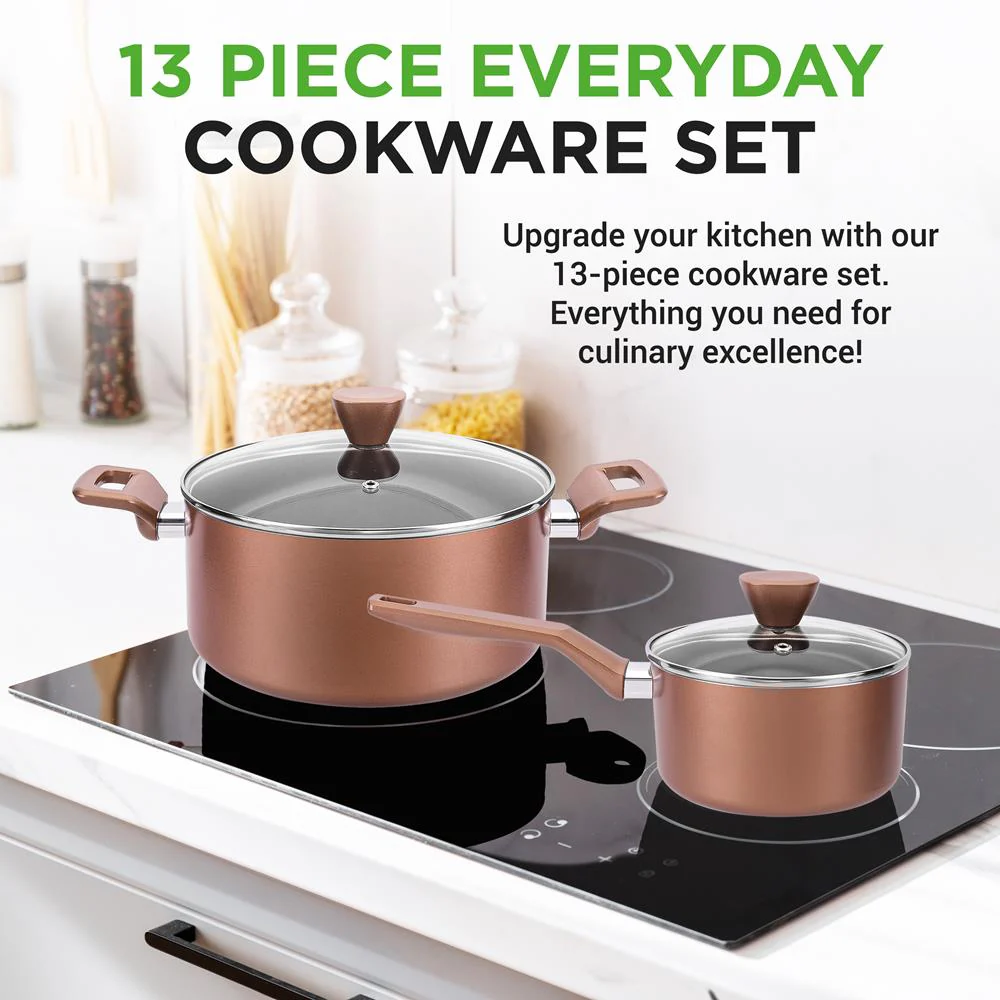 13-Piece Nonstick Cookware Set, Even Heat, Durable Coating, Brown - Image 2
