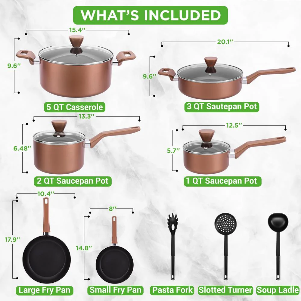 13-Piece Nonstick Cookware Set, Even Heat, Durable Coating, Brown - Image 3