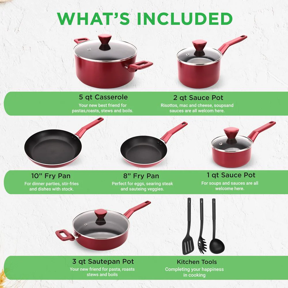 13-Piece Nonstick Cookware Set, Even Heat, Durable Coating, Red - Image 2