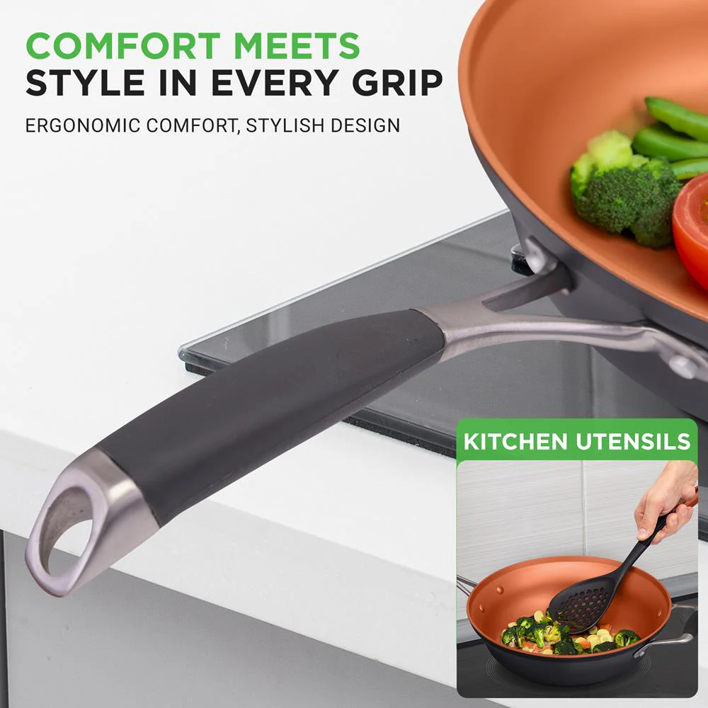 14-Piece Non-Stick Cookware Set - Even Heat, Copper Coating, Silicone Handles - Image 3