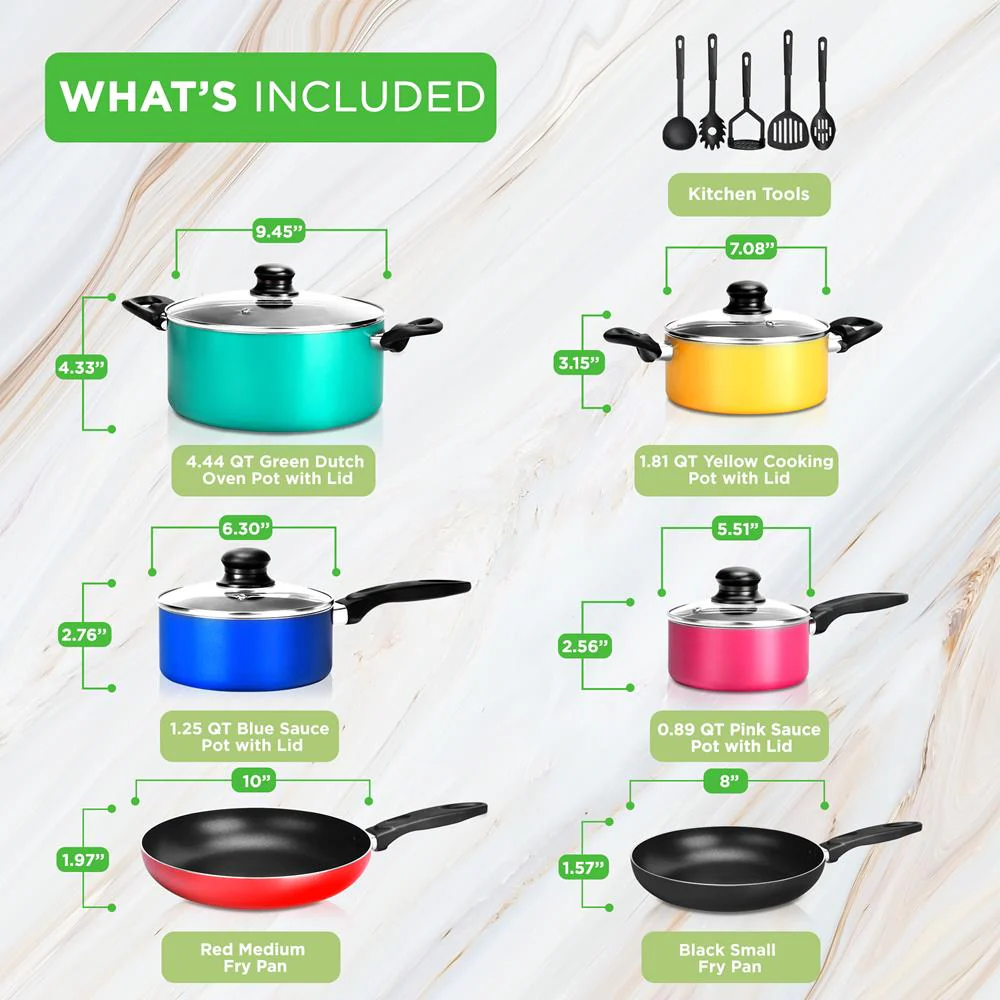 15-Piece Non-Stick Cookware Set, Even Heat, Colorful Lacquer Finish - Image 2