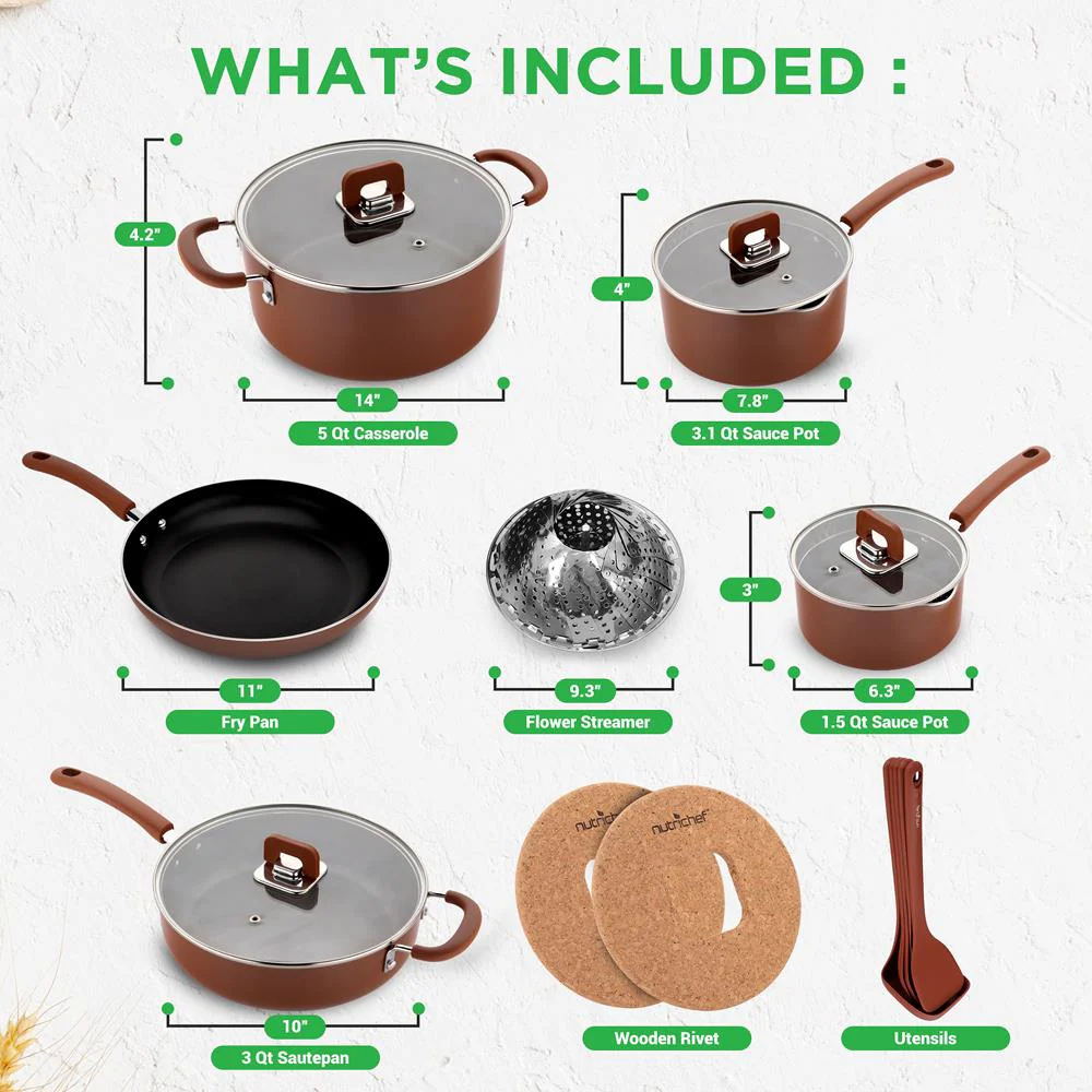 17-Piece Nonstick Cookware Set, Space-Saving Stackable Design, Brown - Image 2
