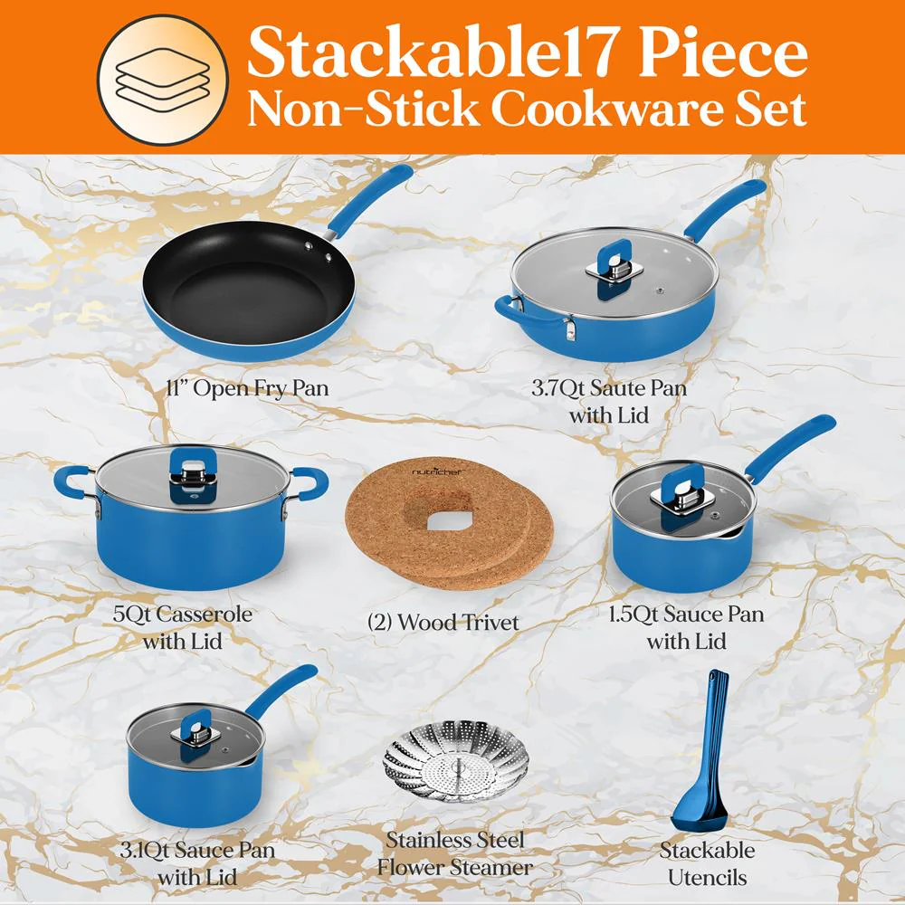 17-Pc Non-Stick Cookware Set, Space-Saving, Induction Base, Blue - Image 2