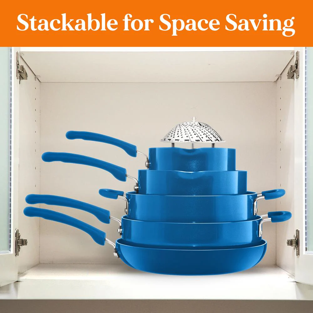 17-Pc Non-Stick Cookware Set, Space-Saving, Induction Base, Blue - Image 6