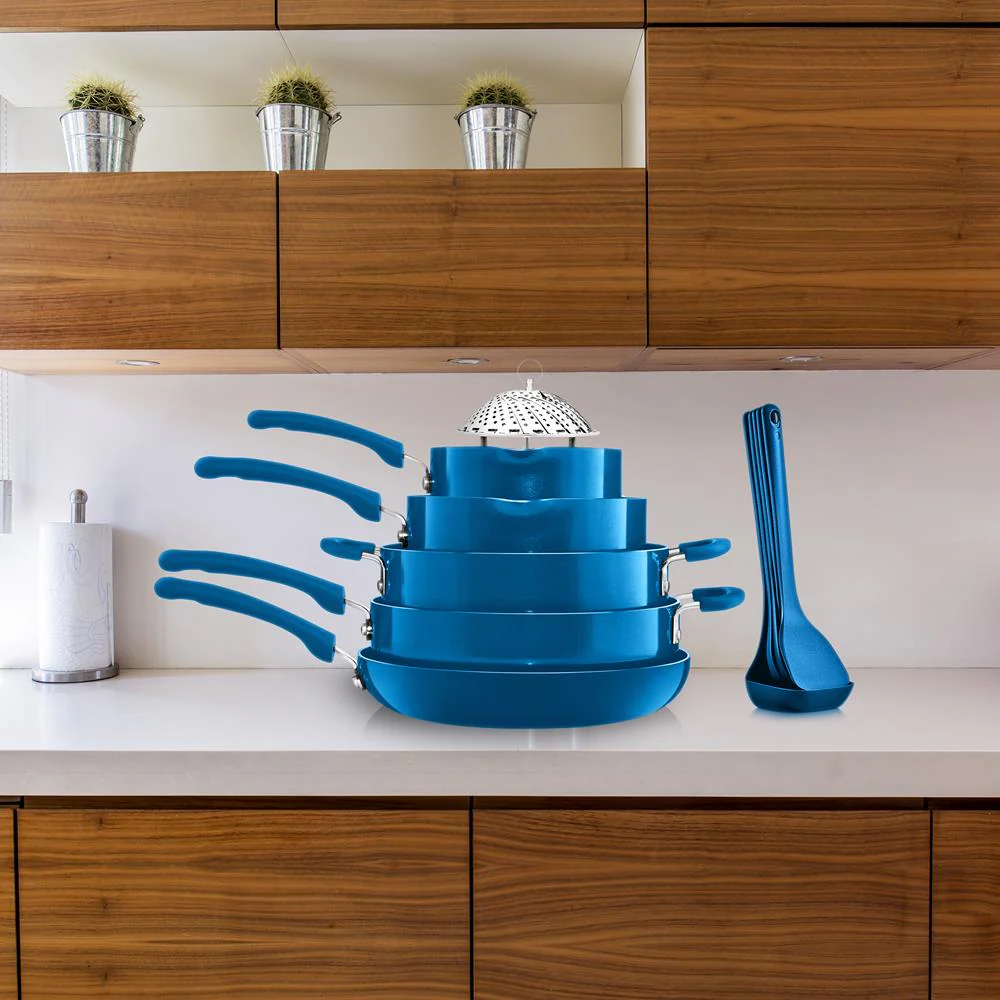 17-Pc Non-Stick Cookware Set, Space-Saving, Induction Base, Blue - Image 8