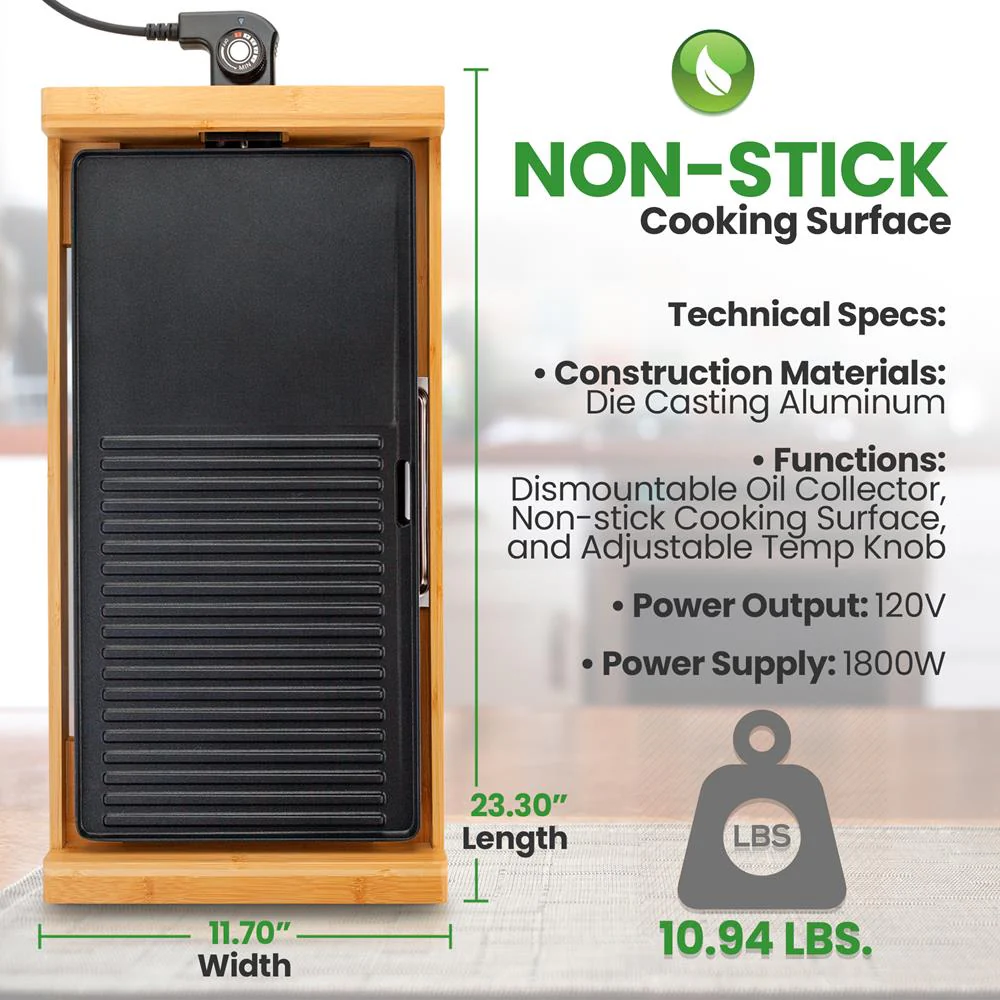 Smokeless Indoor Electric Grill, Non-Stick, Bamboo Tray, 1800W - Image 6